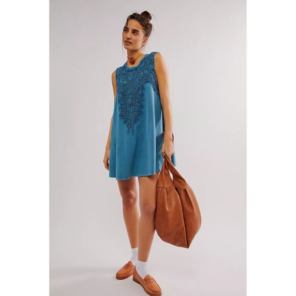 Free People Lavender Fields Mini Shift Dress Floral Ribbed Denim Blue S 284298